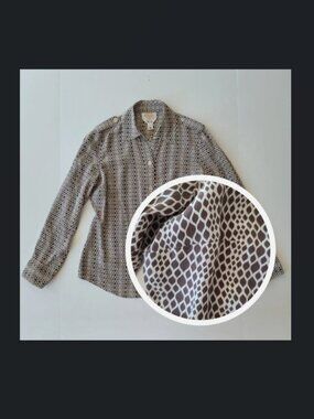 Talbots Silk Button Front Blouse 6P Petite Tan White Office Epaulets Long Sleeve